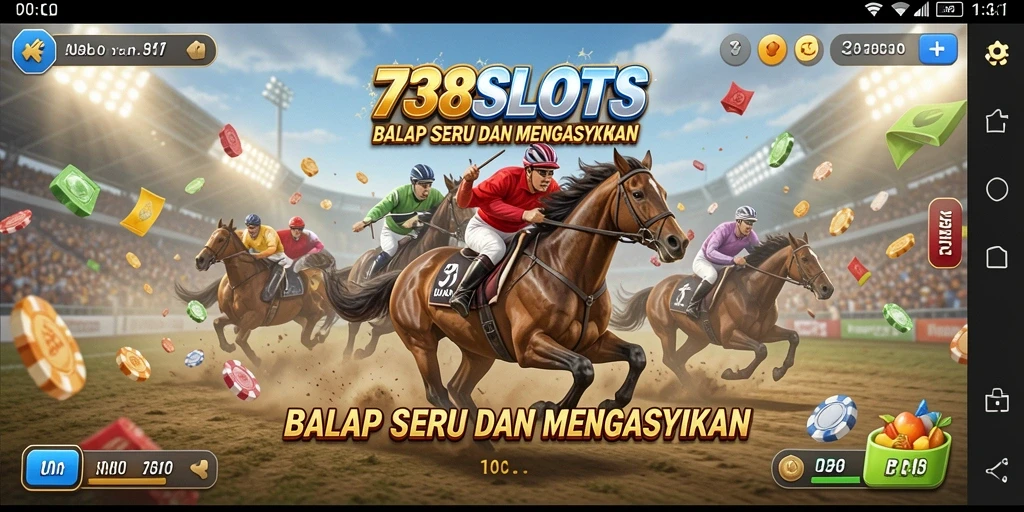 Tangkapan layar gameplay Racing 738SLOTS menunjukkan mobil melaju cepat di trek.