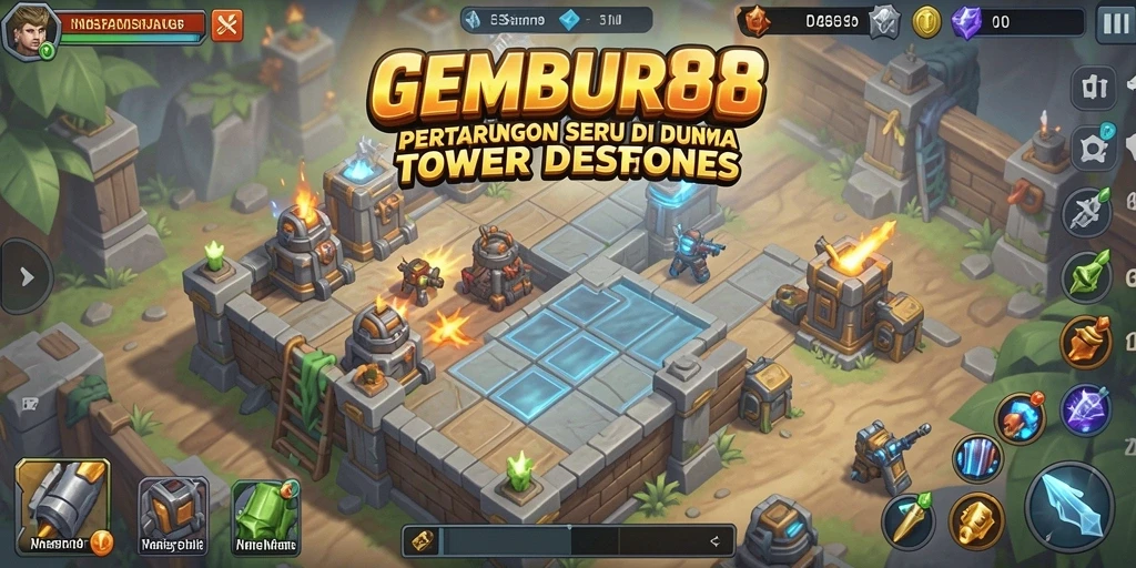 Screenshot gameplay GEMBUR88 dengan aksi Tower Defense yang mendebarkan.