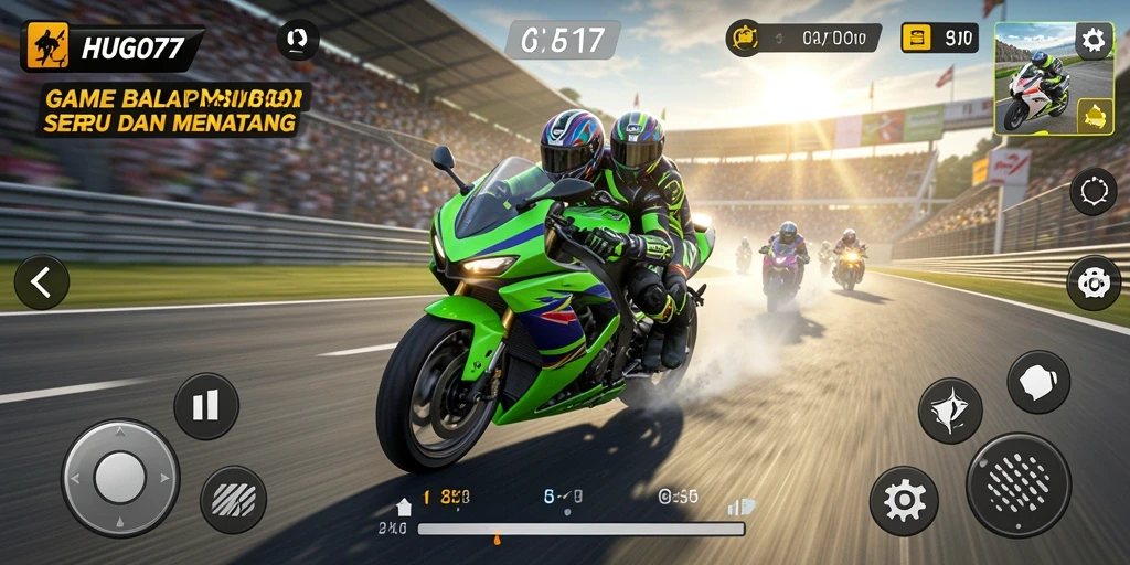 Tampilan gameplay seru HUGO77 dengan aksi balap motor yang mendebarkan.