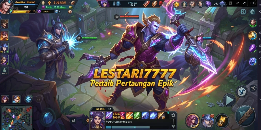 Screenshot permainan LESTARI777 menampilkan pertarungan MOBA yang epik.