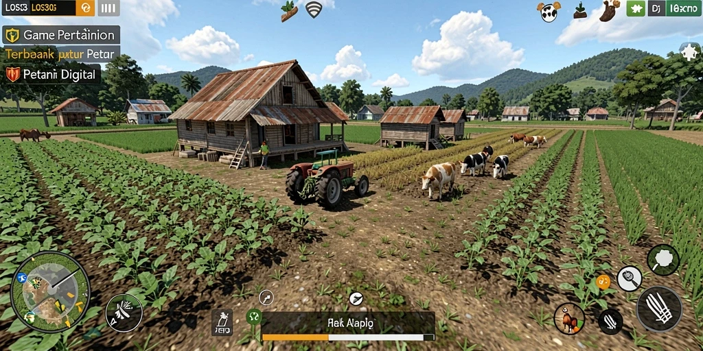 Tangkapan layar gameplay LOS303 yang menampilkan ladang dan hewan ternak.