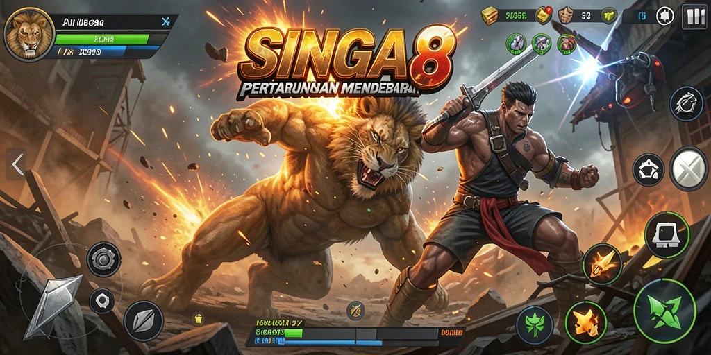 Tangkapan layar SINGA8 menampilkan aksi bertarung yang intens dan mendebarkan.
