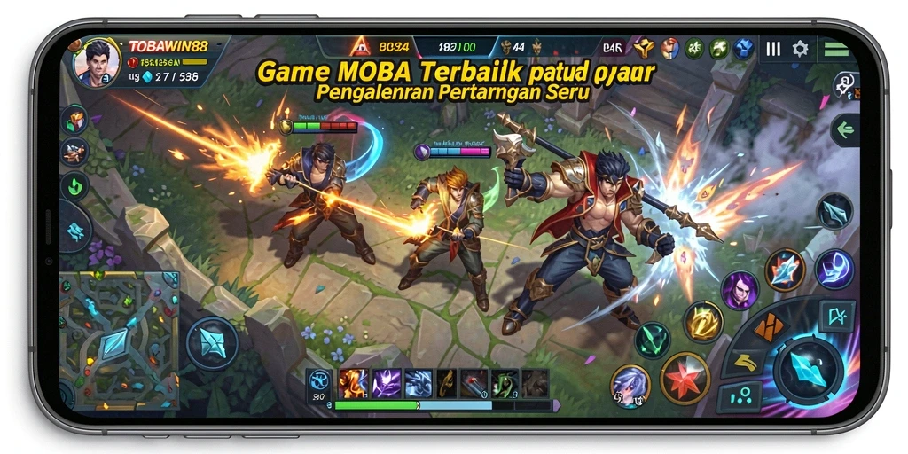 Screenshot gameplay TOBAWIN88 yang menampilkan aksi pertarungan seru dan strategi MOBA.